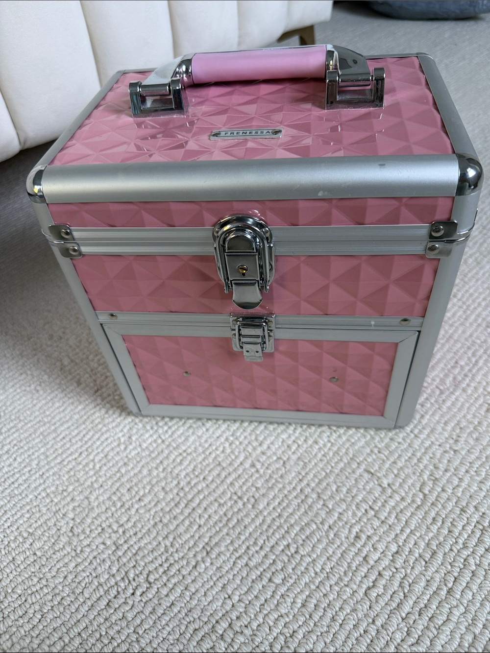 Pink Metallic Makeup Organizer Case with Silver Trim